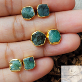 Raw Emerald Electroplated Stud Earrings, Birthstone Stud, Dainty Rough Stone, Raw Gemstone Earrings, Women Earrings Stud, Boho Gift For Her